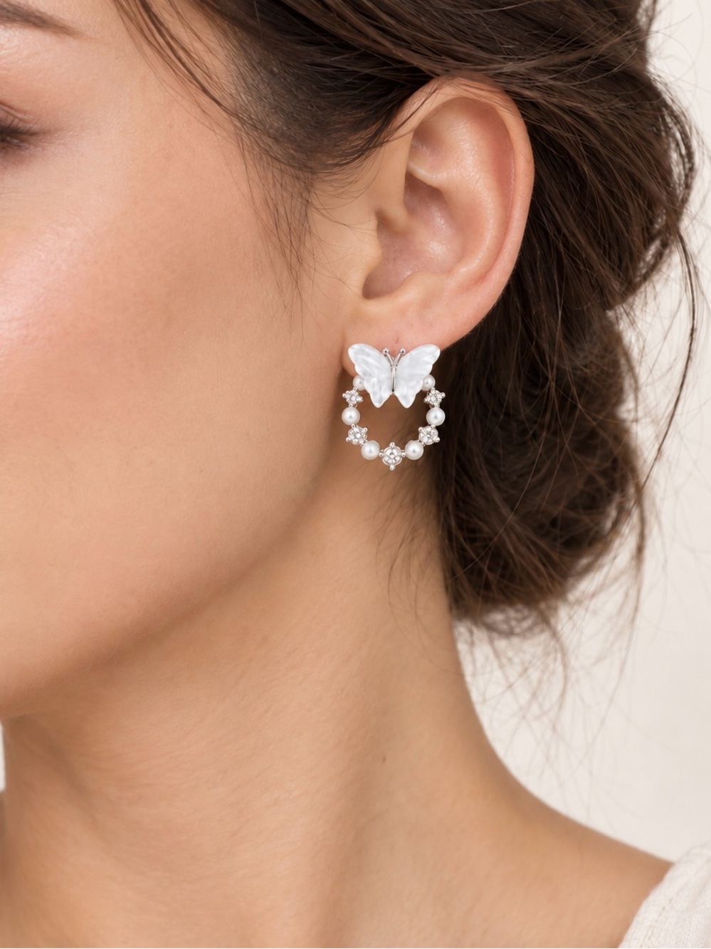 White Butterfly Pearl Hoop Earrings
